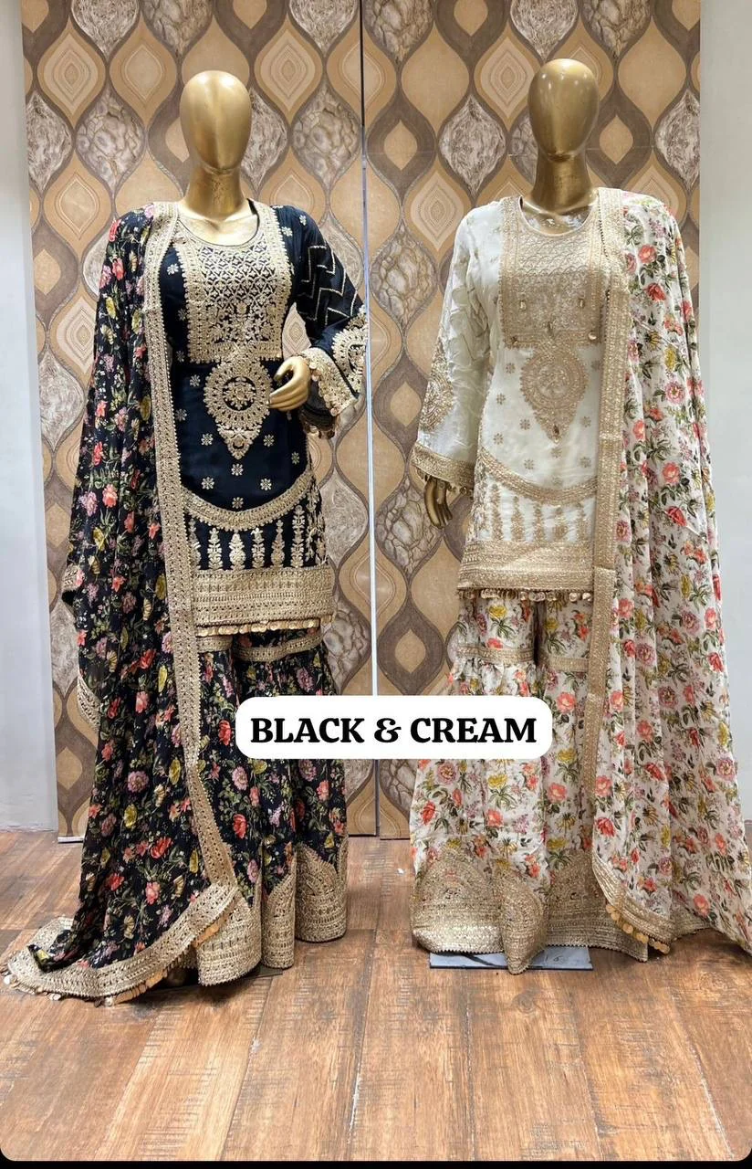 Embroidered georgette ready to wear suit with sharara with color options - Image 7