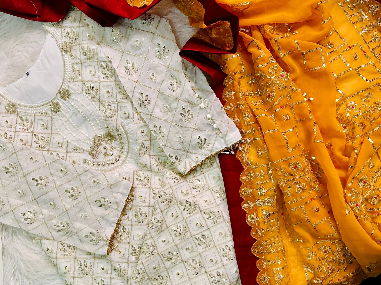 Embroidered georgette suit with embroidered dupatta and moti latkan - Image 4