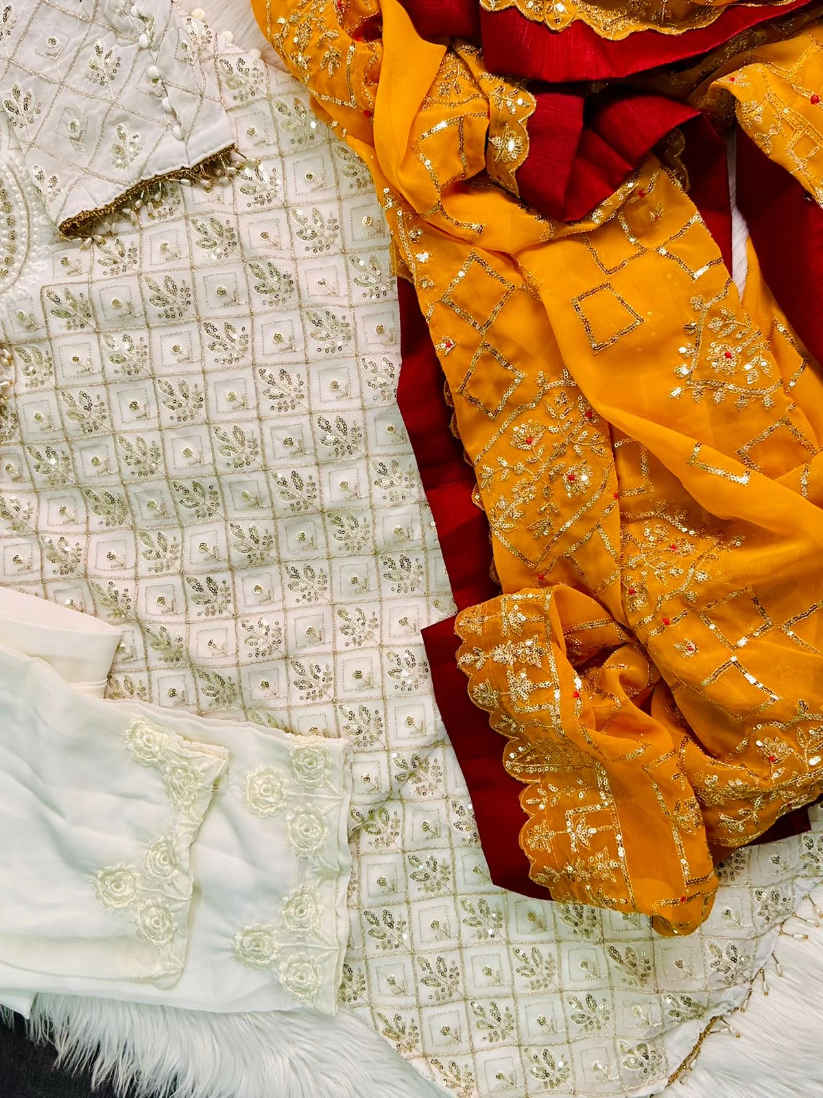 Embroidered georgette suit with embroidered dupatta and moti latkan - Image 6