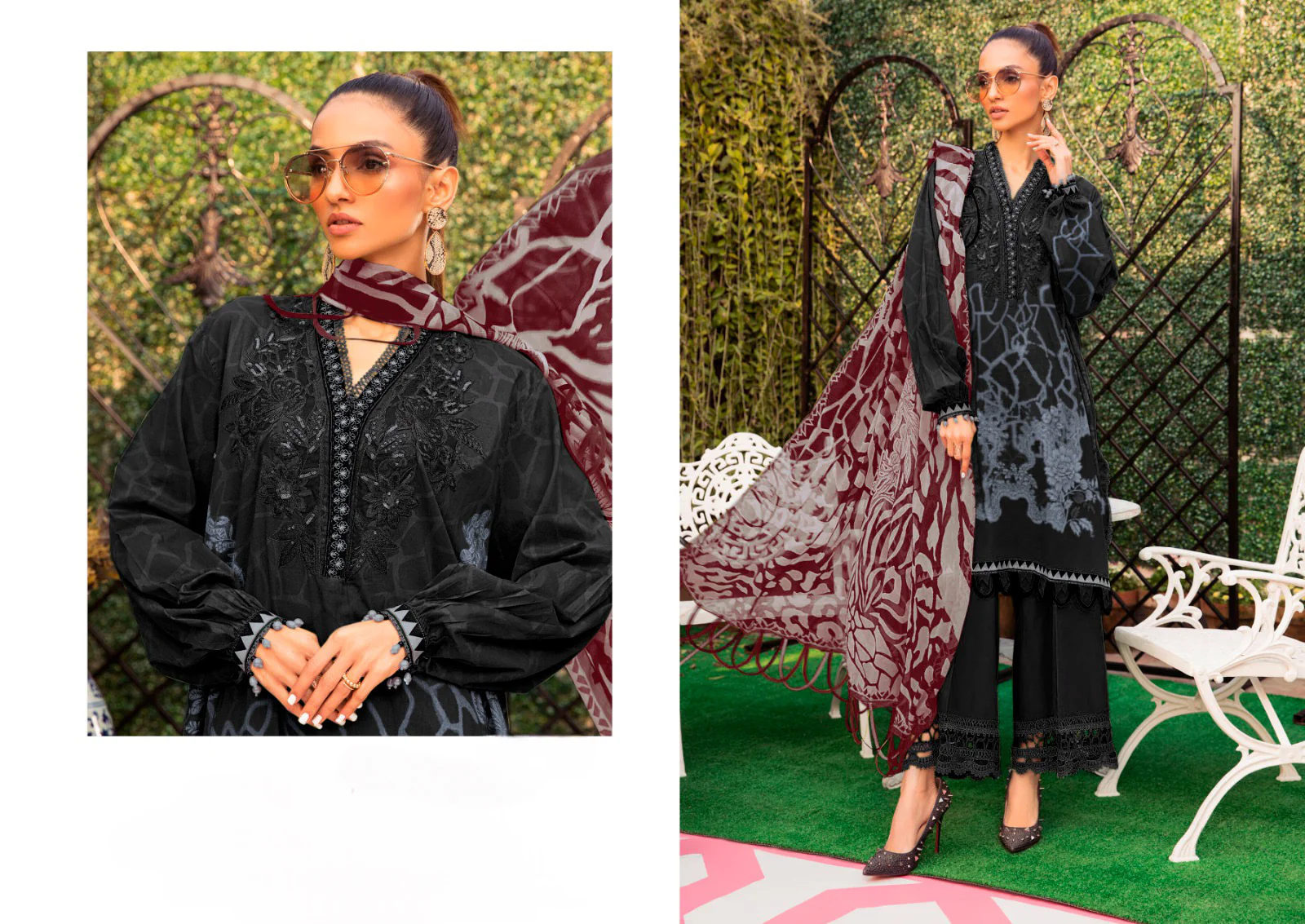 Green Printed casual suit with chiffon dupatta - Image 3