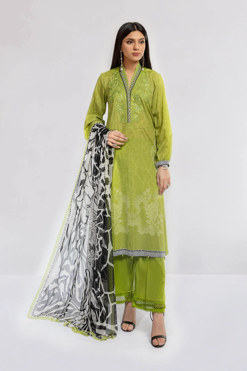 Green Printed casual suit with chiffon dupatta - Image 4