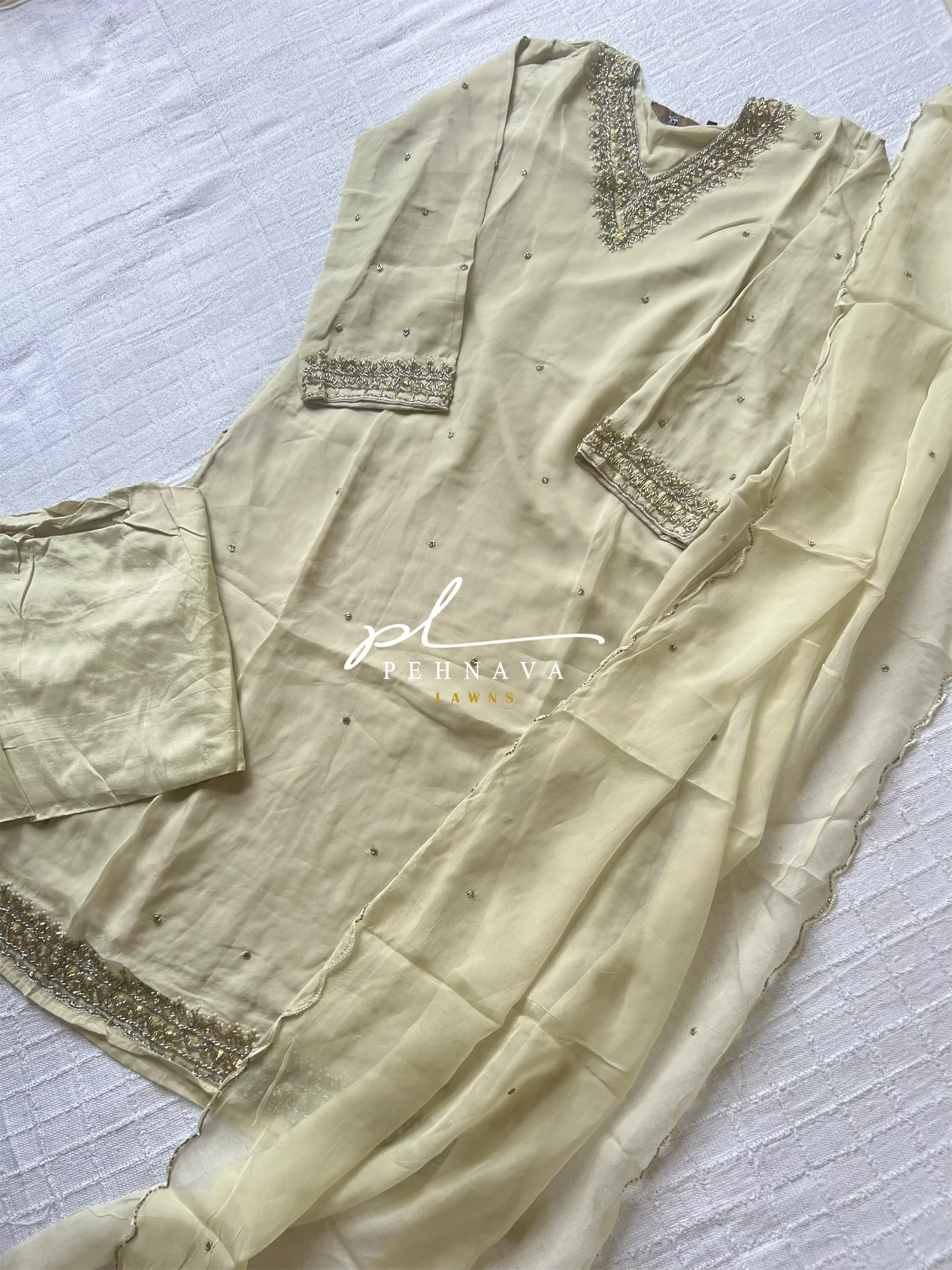 Hand embroidered pure organza suit-v neck - Image 3