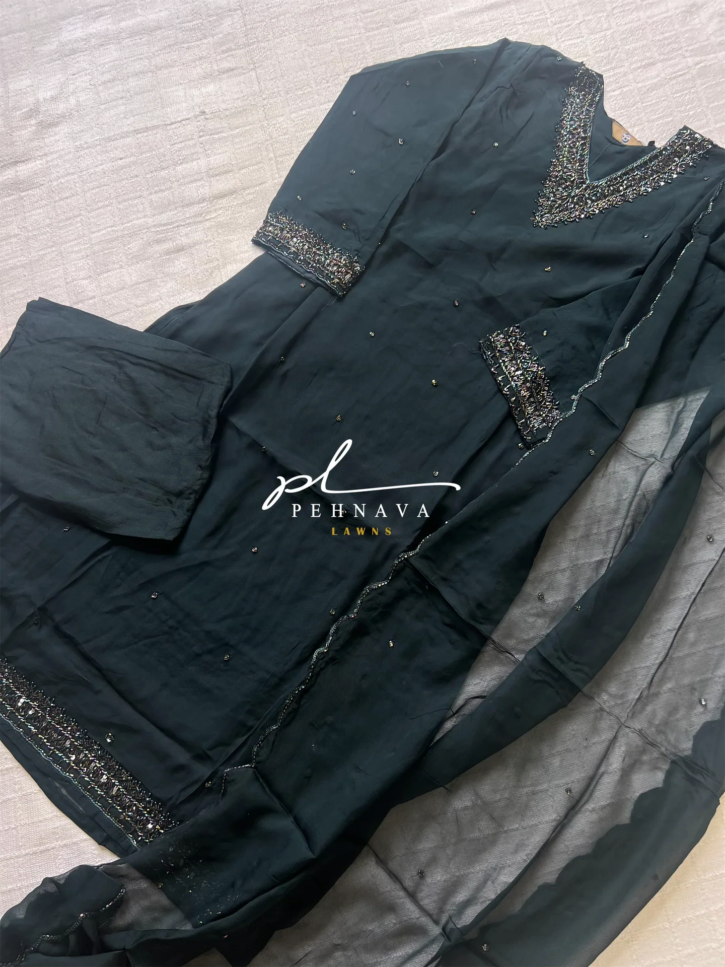 Hand embroidered pure organza suit-v neck - Image 4