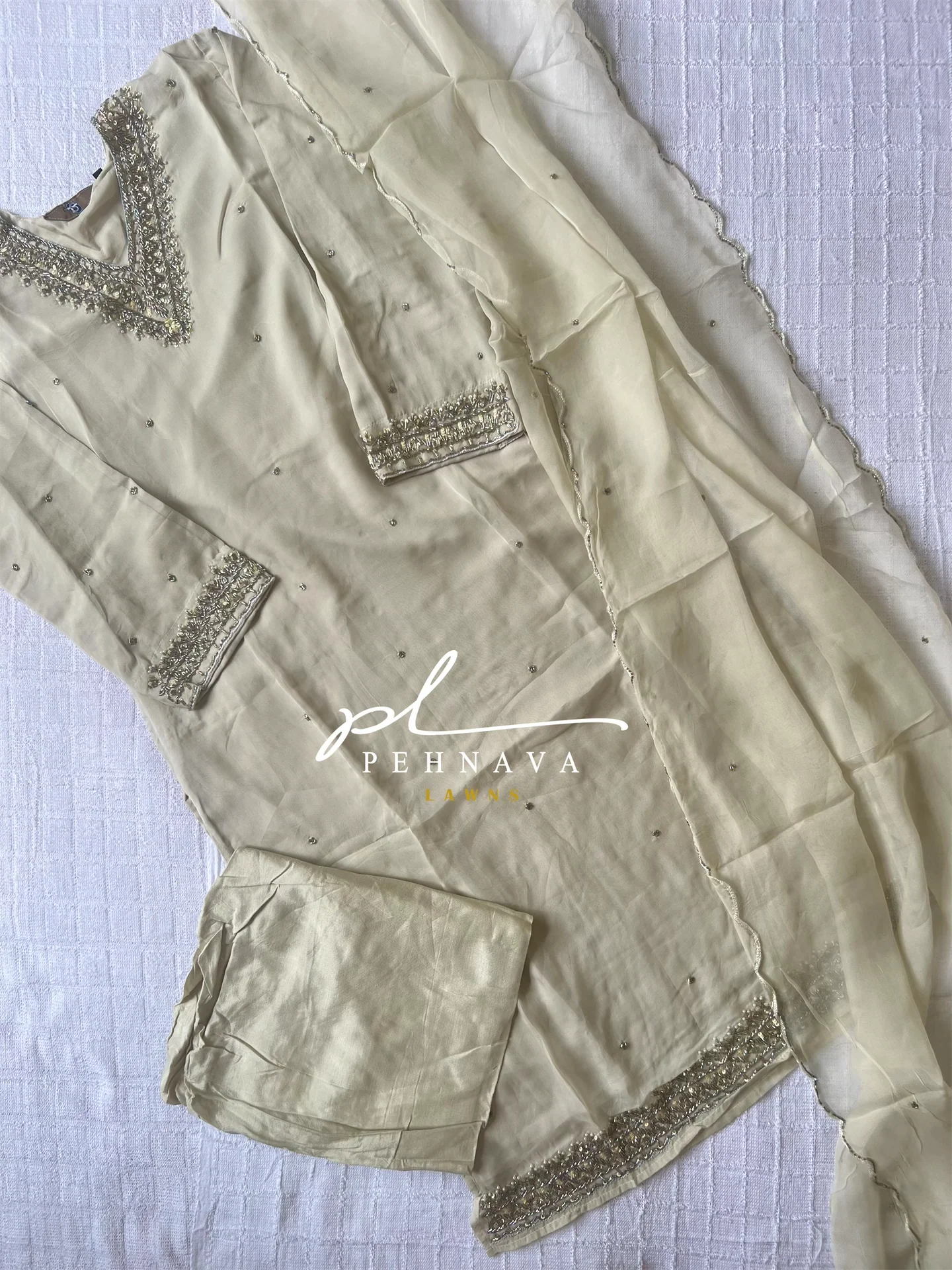 Hand embroidered pure organza suit-v neck - Image 6
