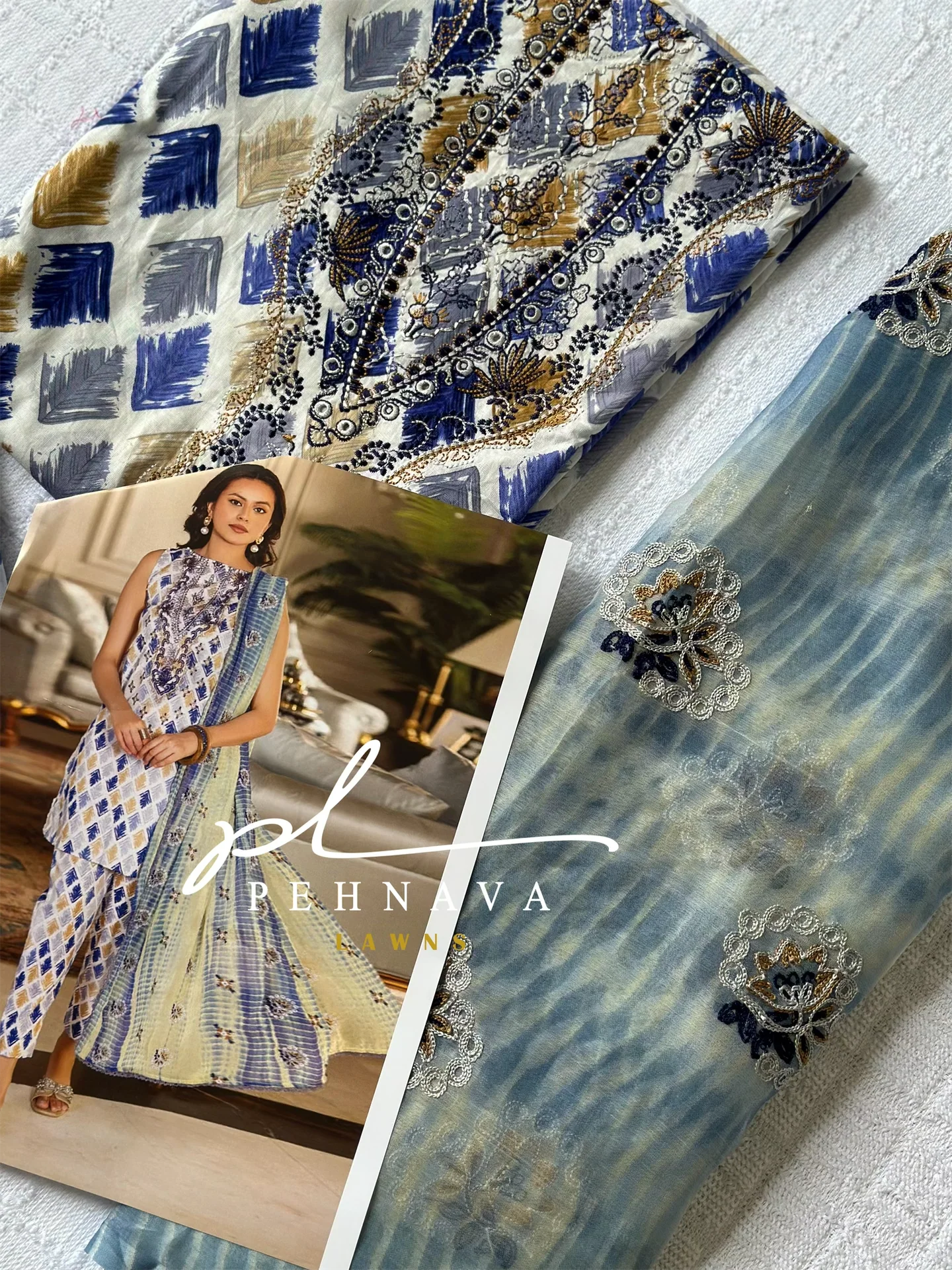 Self embroidered suit wirh embroidered chiffon dupatta-32206 - Image 3